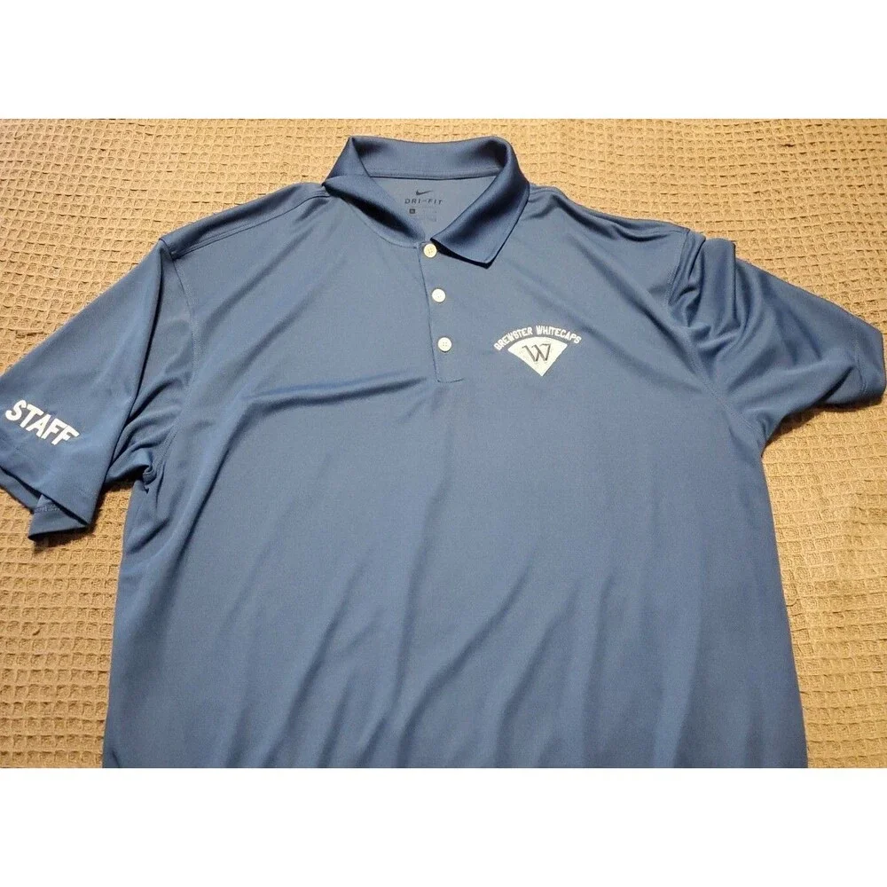 Nike Dri Fit Polo Short Sleeve Blue Shirt Mens  XL, Custom Logo With Staff Logo